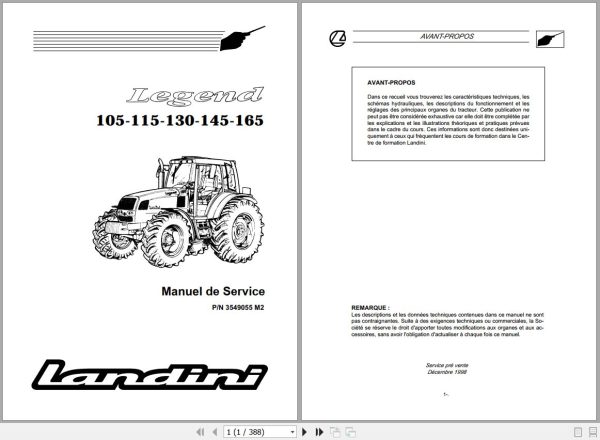 Landini Tractor Legend 105 165 Service Manual 3549055M2 FR 1