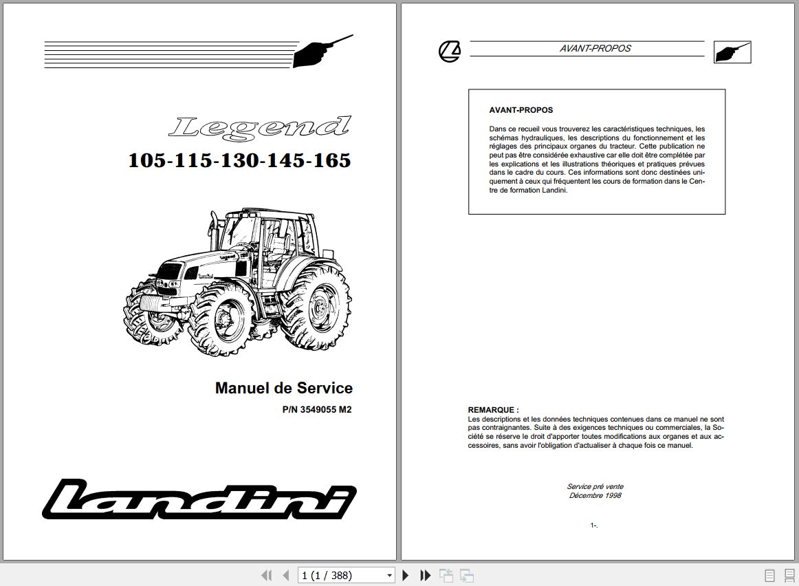 Landini Tractor Legend 105 165 Service Manual 3549055M2 FR 1