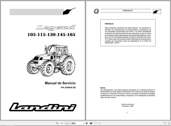 Landini Tractor Legend 105 165 Service Manual 3549056M2 ES 1