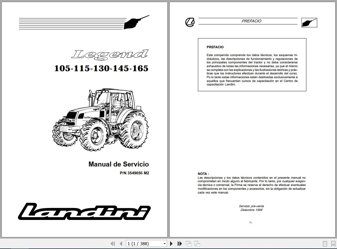 Landini Tractor Legend 105 165 Service Manual 3549056M2 ES 1