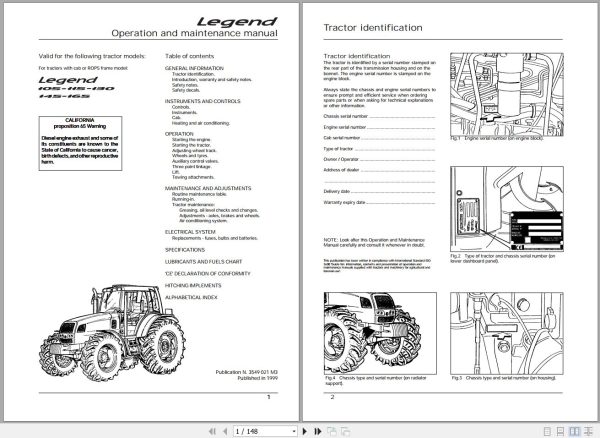 Landini Tractor Legend 105 to 165 Operators Maintenance Manual 3549021M3 EN 1