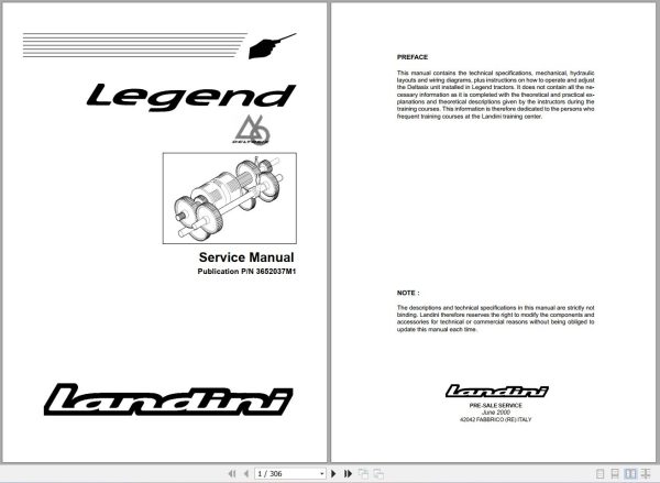 Landini Tractor Legend 105 to Legend 165 Service Manual 3652037M1 EN 1