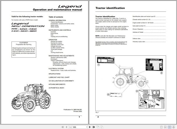 Landini Tractor Legend 115 180 New Generation Operators Maintenance Manual 3660044M1 EN 1