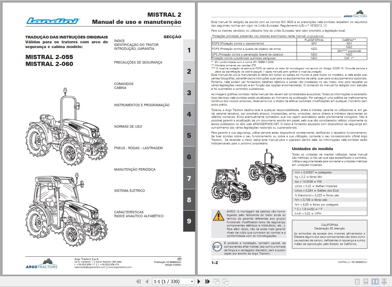 Landini Tractor MISTRAL 2 055 2 060 Operators Maintenance Manual 6686833A1 PT 1