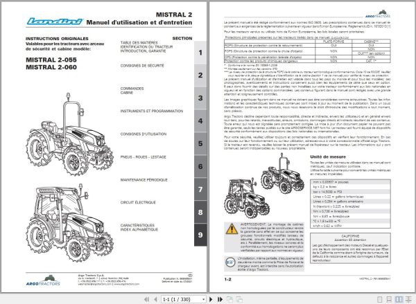 Landini Tractor MISTRAL 2 055 2 060 Operators Maintenance Manual 6686858A1 FR 1