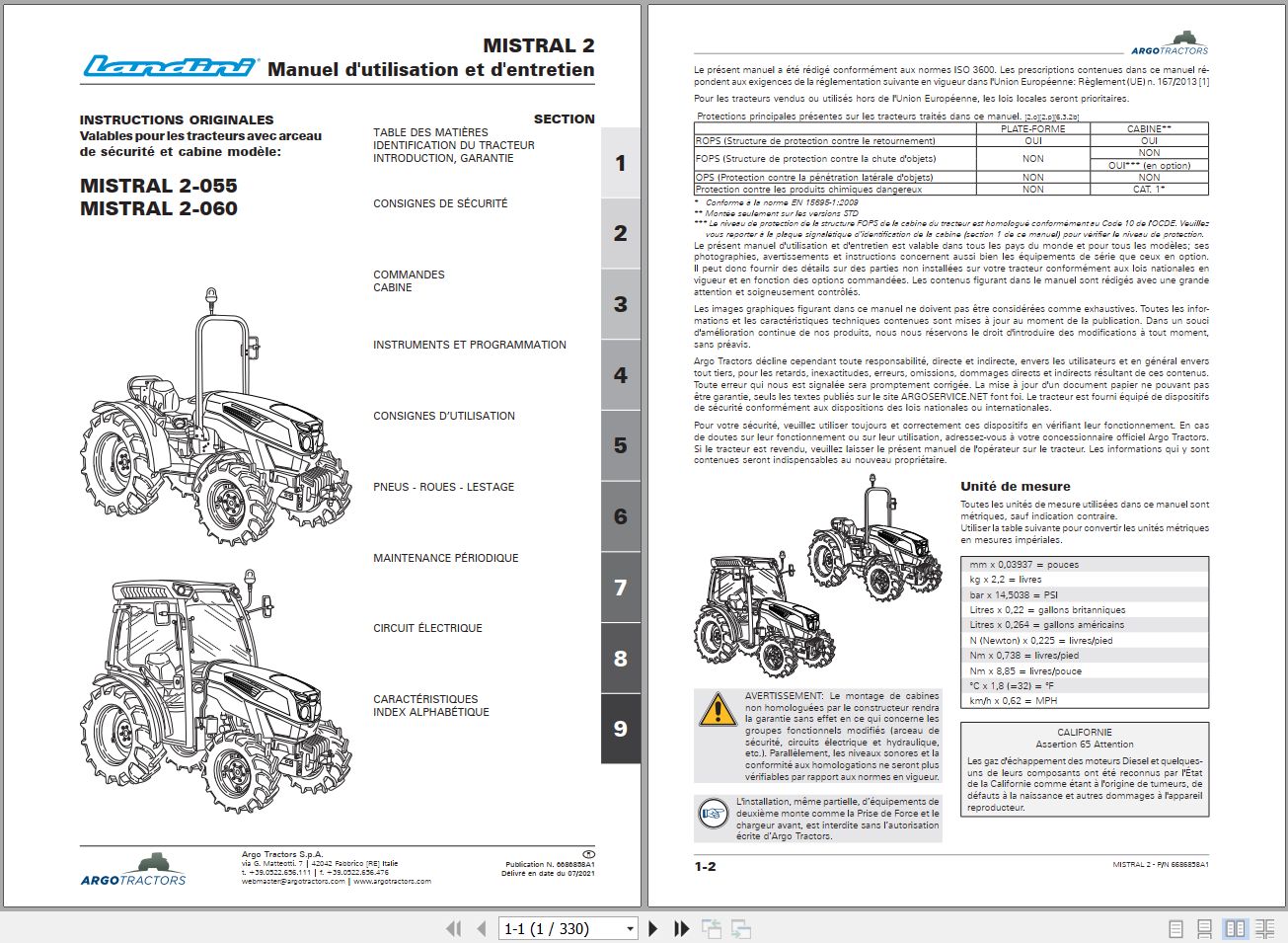 Landini Tractor MISTRAL 2 055 2 060 Operators Maintenance Manual 6686858A1 FR 1