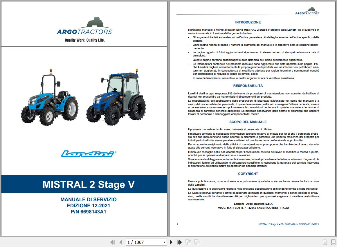 Landini Tractor MISTRAL 2 055 2 060 Service Manual 6698143A1 IT 1