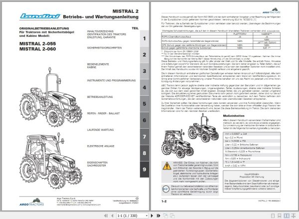 Landini Tractor MISTRAL 2 055 MISTRAL 2 060 Operators Maintenance Manual 6686829A1 DE 1