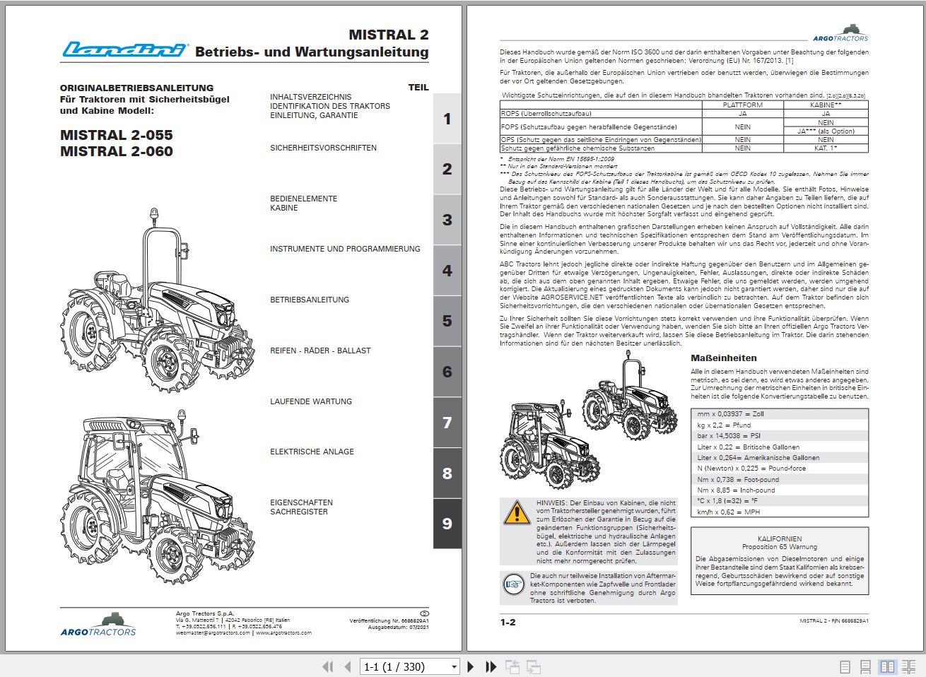 Landini Tractor MISTRAL 2 055 MISTRAL 2 060 Operators Maintenance Manual 6686829A1 DE 1