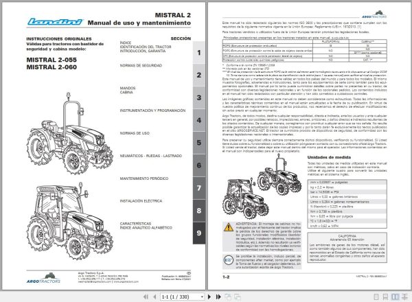 Landini Tractor MISTRAL 2 055 MISTRAL 2 060 Operators Maintenance Manual 6686834A1 ES 1