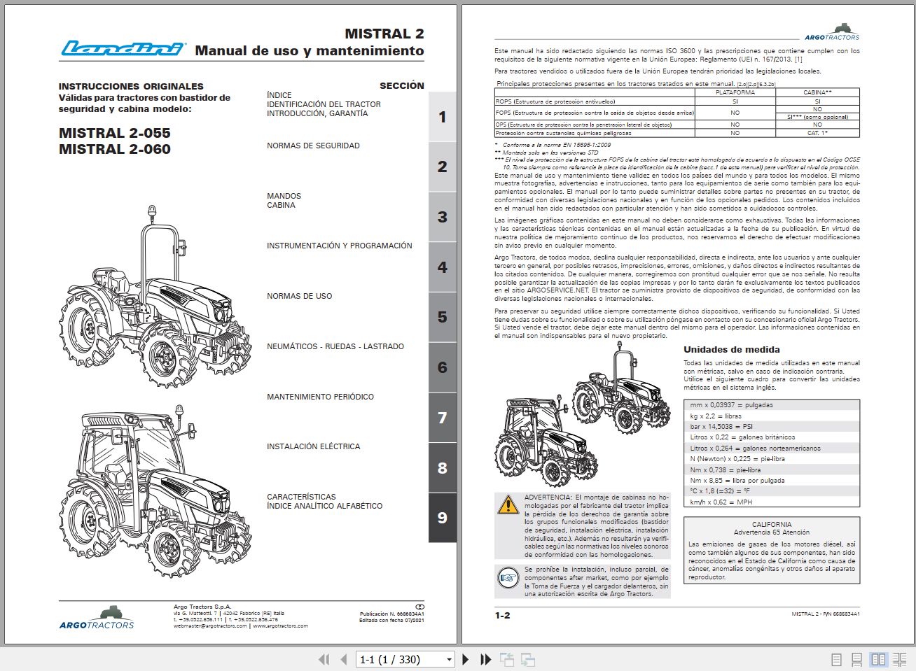 Landini Tractor MISTRAL 2 055 MISTRAL 2 060 Operators Maintenance Manual 6686834A1 ES 1