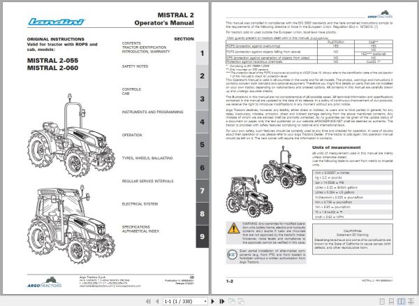 Landini Tractor MISTRAL 2 055 MISTRAL 2 060 Operators Maintenance Manual 6686846A1 EN 1