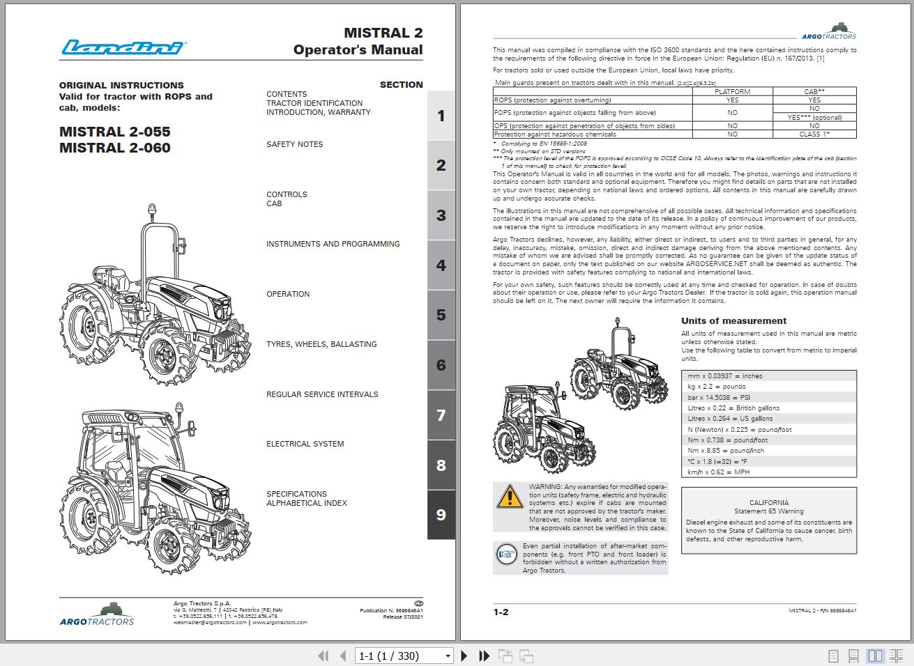 Landini Tractor MISTRAL 2 055 MISTRAL 2 060 Operators Maintenance Manual 6686846A1 EN 1