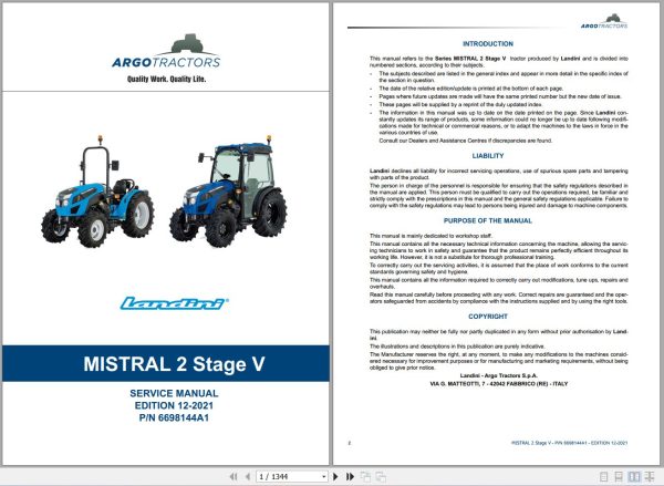 Landini Tractor MISTRAL 2 055 MISTRAL 2 060 Service Manual 6698144A1 EN 1