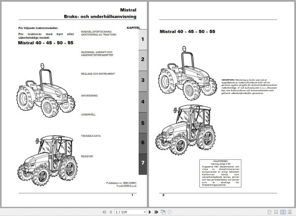 Landini Tractor MISTRAL 40 45 50 55 Operators Maintenance Manual 3683229M1 SV 1