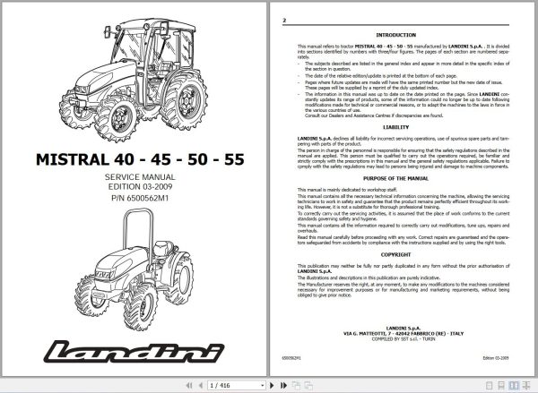 Landini Tractor MISTRAL 40 45 50 55 Service Manual 6500562M1 EN 1