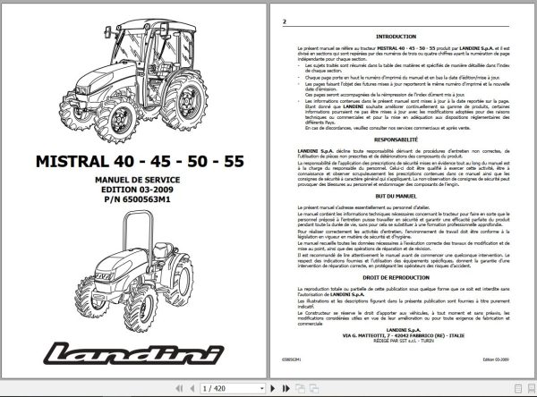 Landini Tractor MISTRAL 40 45 50 55 Service Manual 6500563M1 FR 1