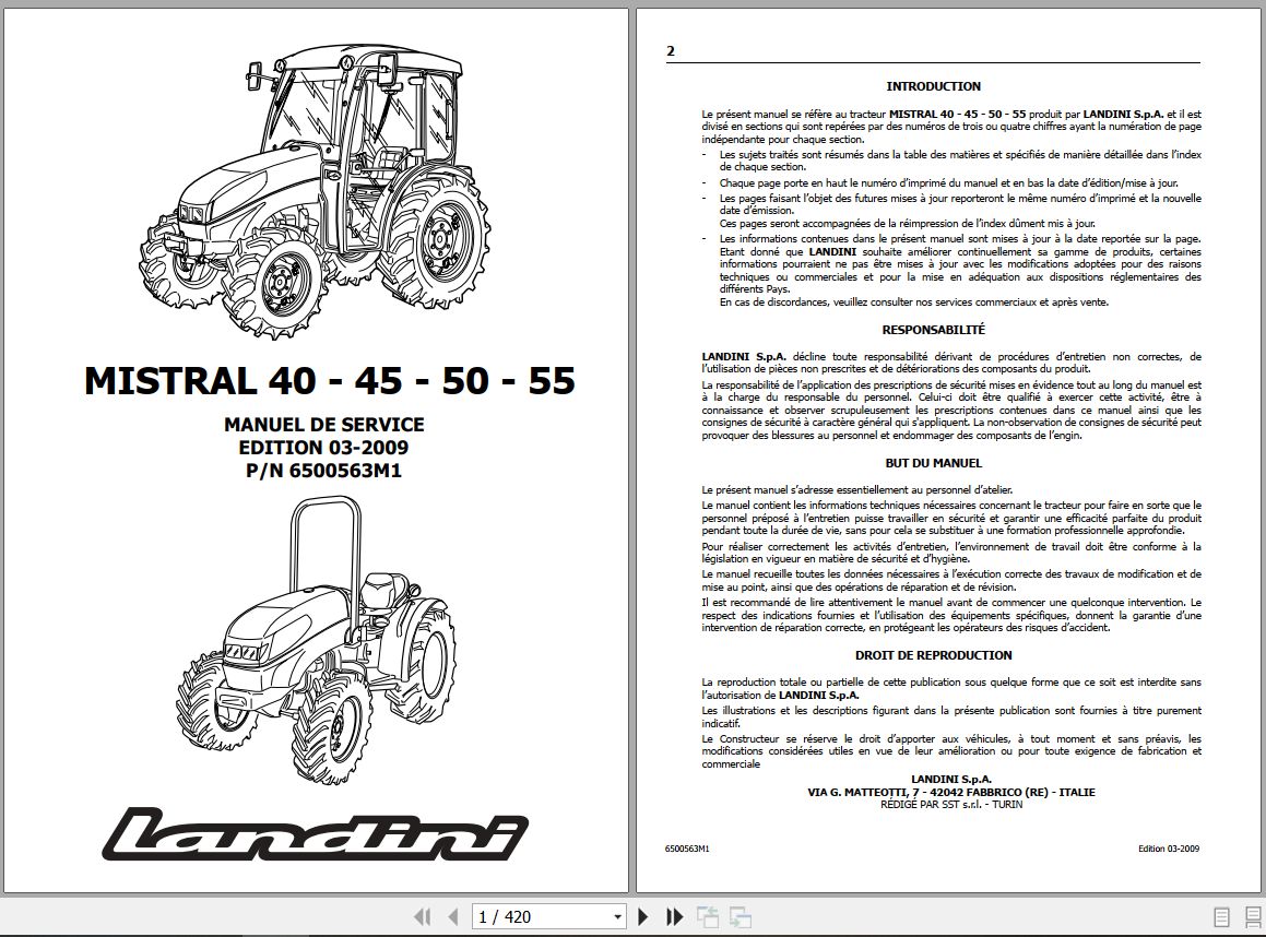 Landini Tractor MISTRAL 40 45 50 55 Service Manual 6500563M1 FR 1