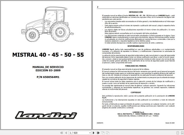 Landini Tractor MISTRAL 40 45 50 55 Service Manual 6500564M1 ES 1