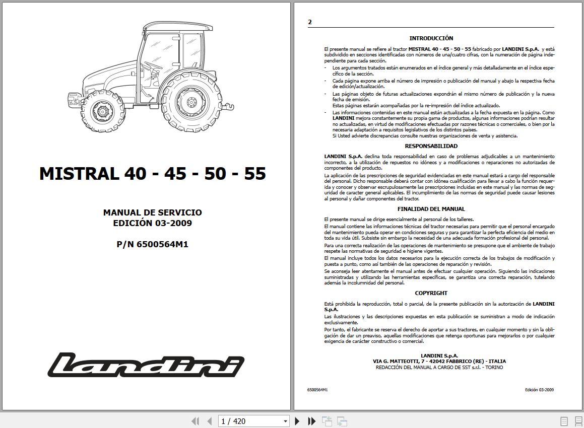 Landini Tractor MISTRAL 40 45 50 55 Service Manual 6500564M1 ES 1