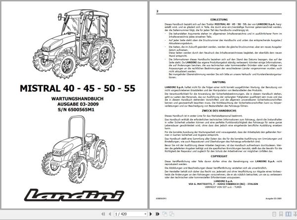 Landini Tractor MISTRAL 40 45 50 55 Service Manual 6500565M1 DE 1