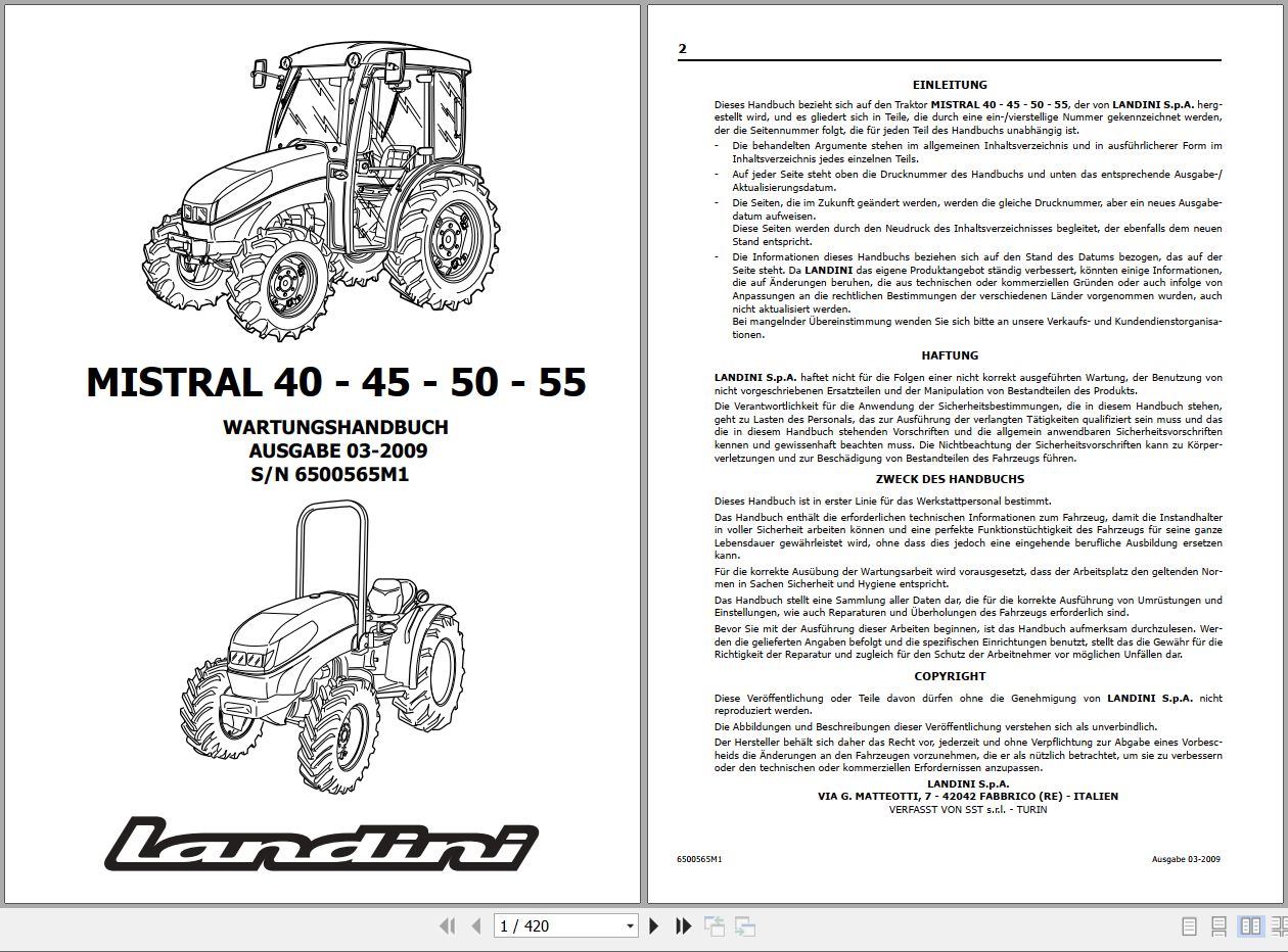 Landini Tractor MISTRAL 40 45 50 55 Service Manual 6500565M1 DE 1