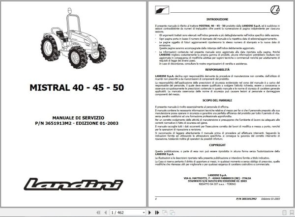 Landini Tractor MISTRAL 40 45 50 Service Manual 3651913M2 IT 1