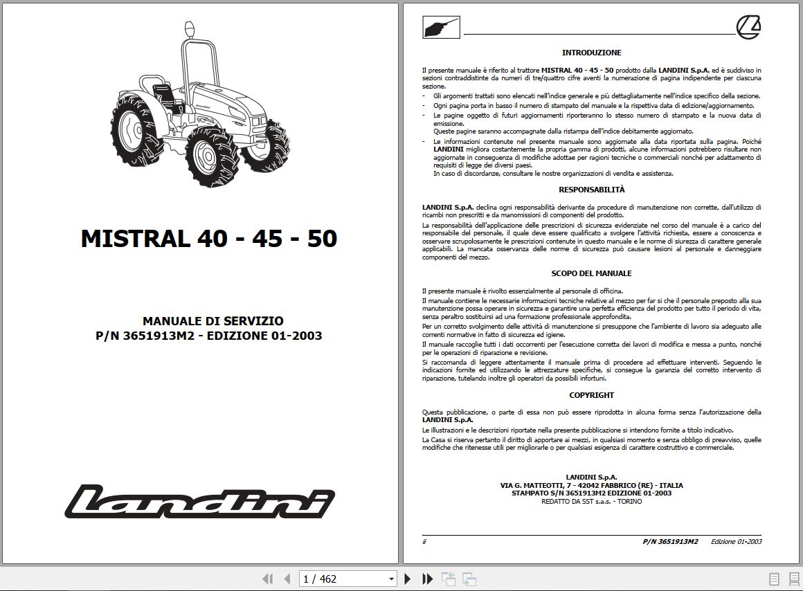 Landini Tractor MISTRAL 40 45 50 Service Manual 3651913M2 IT 1