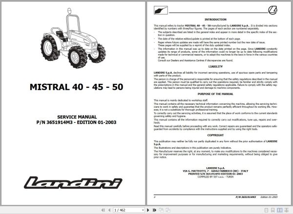 Landini Tractor MISTRAL 40 45 50 Service Manual 3651914M3 EN 1