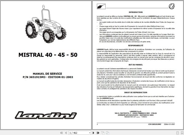 Landini Tractor MISTRAL 40 45 50 Service Manual 3651915M3 FR 1