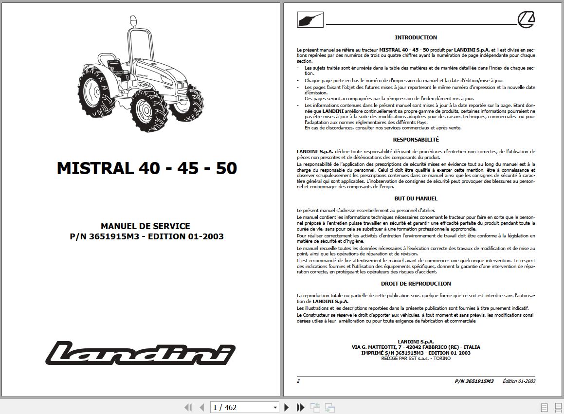 Landini Tractor MISTRAL 40 45 50 Service Manual 3651915M3 FR 1