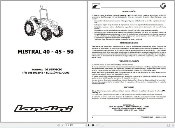 Landini Tractor MISTRAL 40 45 50 Service Manual 3651916M3 ES 1