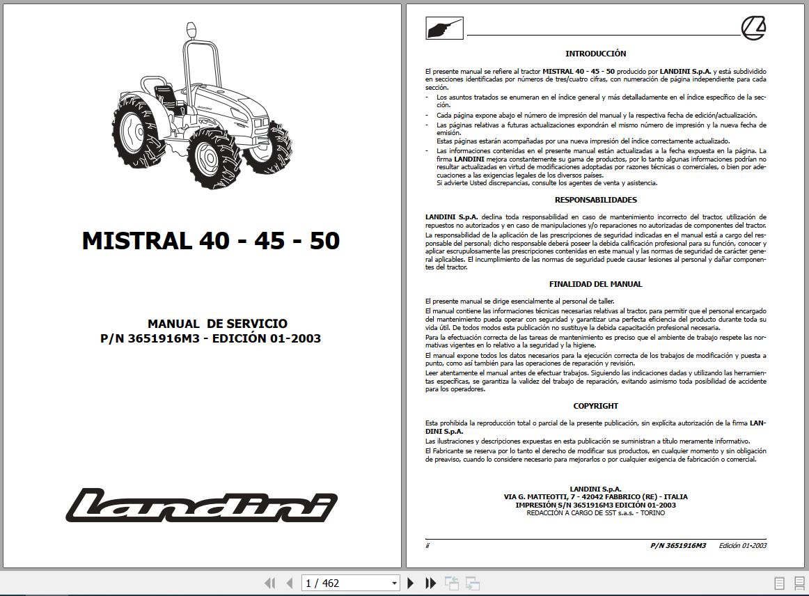 Landini Tractor MISTRAL 40 45 50 Service Manual 3651916M3 ES 1