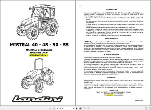 Landini Tractor MISTRAL 40 55 Service Manual 6500561M1 IT 1