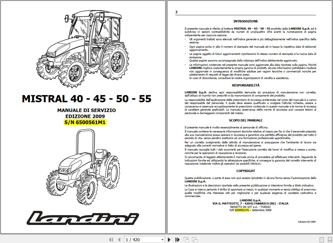 Landini Tractor MISTRAL 40 55 Service Manual 6500561M1 IT 1