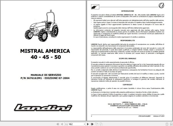 Landini Tractor MISTRAL AMERICA 40 45 50 Service Manual 3676162M1 IT 1