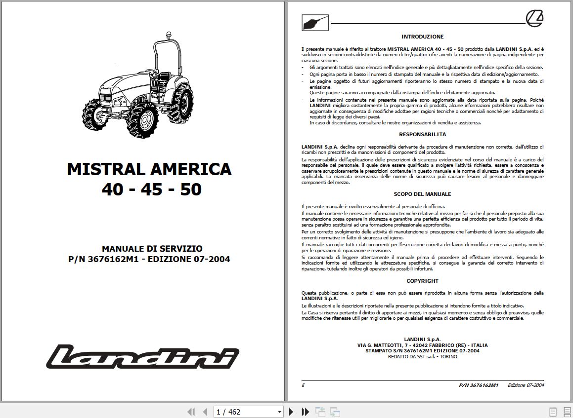 Landini Tractor MISTRAL AMERICA 40 45 50 Service Manual 3676162M1 IT 1