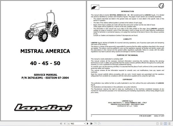 Landini Tractor MISTRAL AMERICA 40 45 50 Service Manual 3676163M1 EN 1