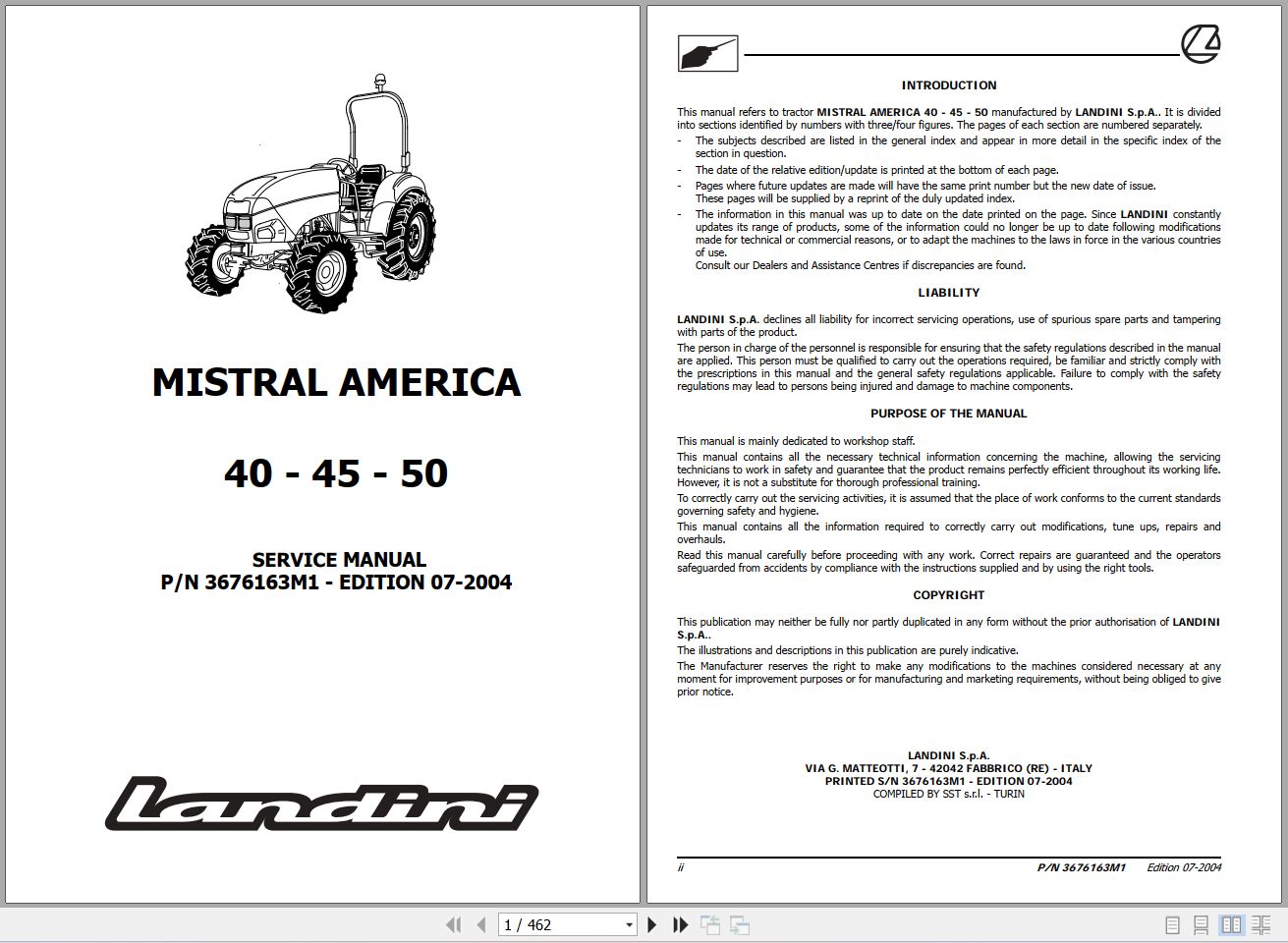 Landini Tractor MISTRAL AMERICA 40 45 50 Service Manual 3676163M1 EN 1