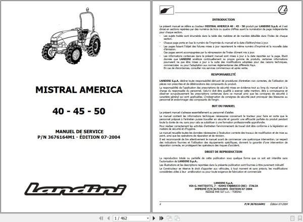Landini Tractor MISTRAL AMERICA 40 45 50 Service Manual 3676164M1 FR 1
