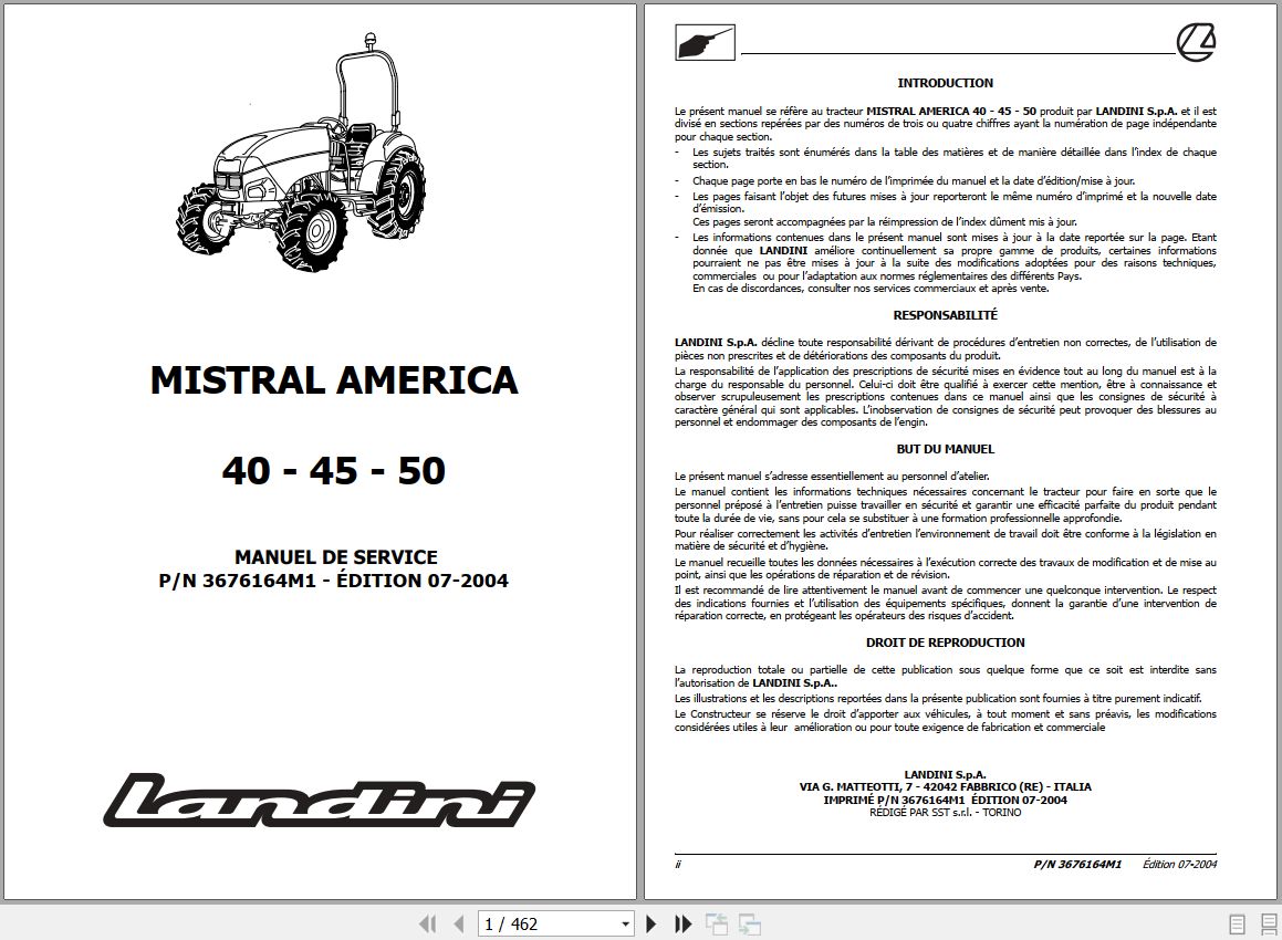 Landini Tractor MISTRAL AMERICA 40 45 50 Service Manual 3676164M1 FR 1