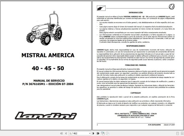 Landini Tractor MISTRAL AMERICA 40 45 50 Service Manual 3676165M1 ES 1