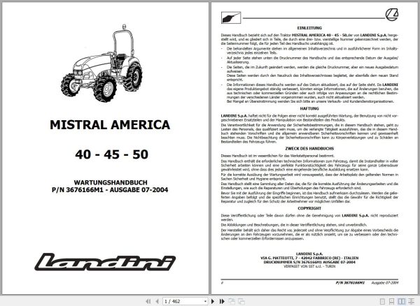 Landini Tractor MISTRAL AMERICA 40 45 50 Service Manual 3676166M1 DE 1