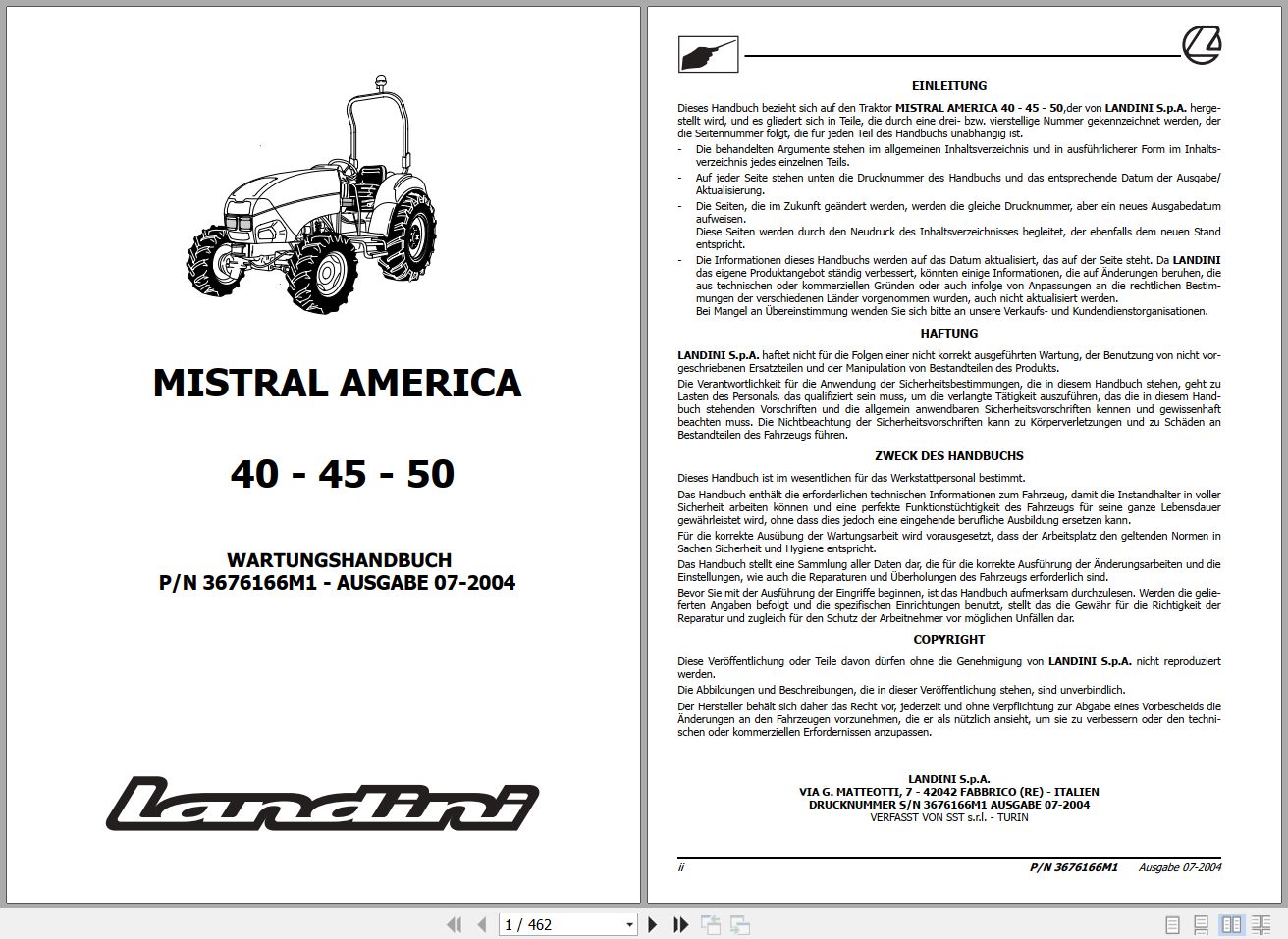 Landini Tractor MISTRAL AMERICA 40 45 50 Service Manual 3676166M1 DE 1