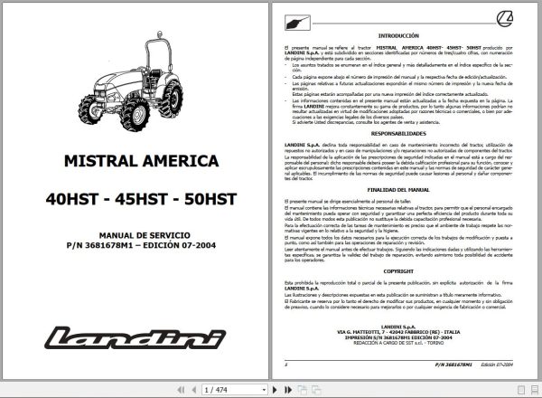 Landini Tractor MISTRAL AMERICA 40HST 45HST 50HST Service Manual 3681678M1 ES 1