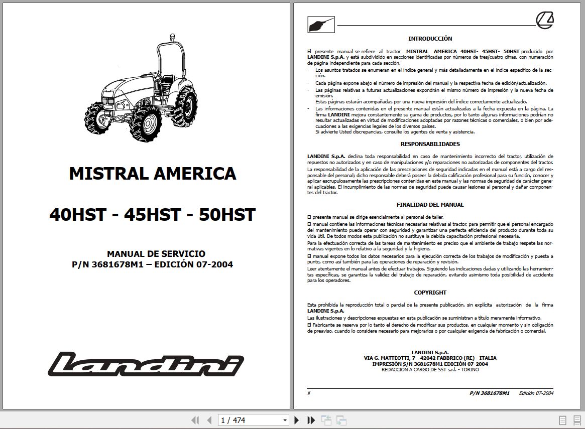 Landini Tractor MISTRAL AMERICA 40HST 45HST 50HST Service Manual 3681678M1 ES 1