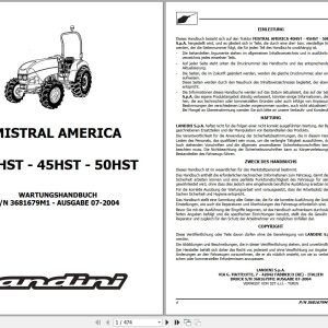 Landini Tractor MISTRAL AMERICA 40HST 45HST 50HST Service Manual 3681679M1 DE 1