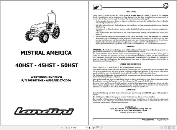 Landini Tractor MISTRAL AMERICA 40HST 45HST 50HST Service Manual 3681679M1 DE 1
