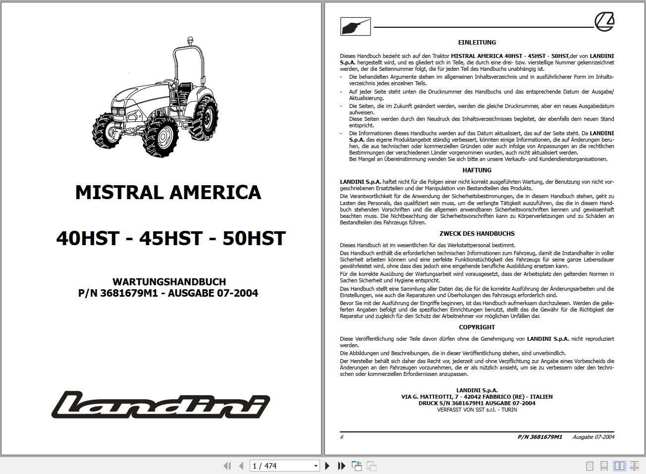 Landini Tractor MISTRAL AMERICA 40HST 45HST 50HST Service Manual 3681679M1 DE 1