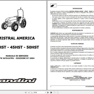 Landini Tractor MISTRAL AMERICA 40HST 50HST Service Manual 3676167M1 IT 1